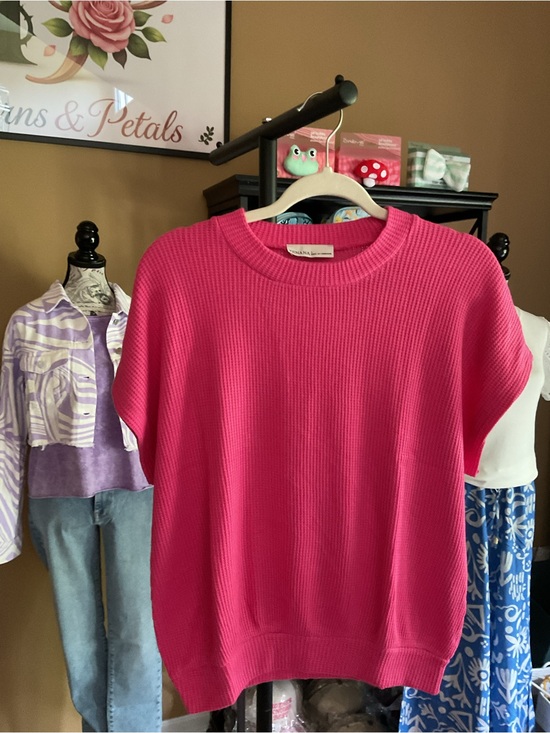 Zenana Sweaters - Zenana Waffle Knit Hot Pink Short Sleeve Crewneck Sweater